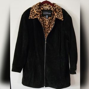 Vintage Black Leather Coat With Cheetah Print Lining
